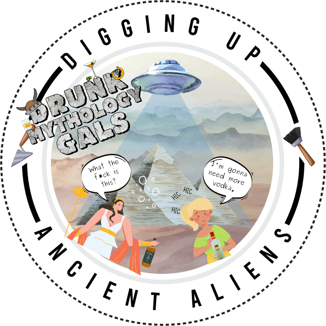 Drunk Mythology Gals and Digging up Ancient Aliens friendly logo marrige