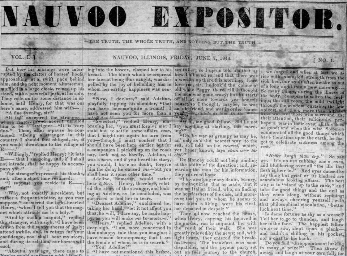First edition of Nauvoo Expositor published on June 7, 1844. Title and motto