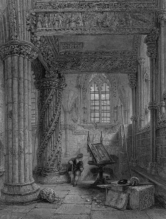 Etching from inside Roslyn Chapel around 1835