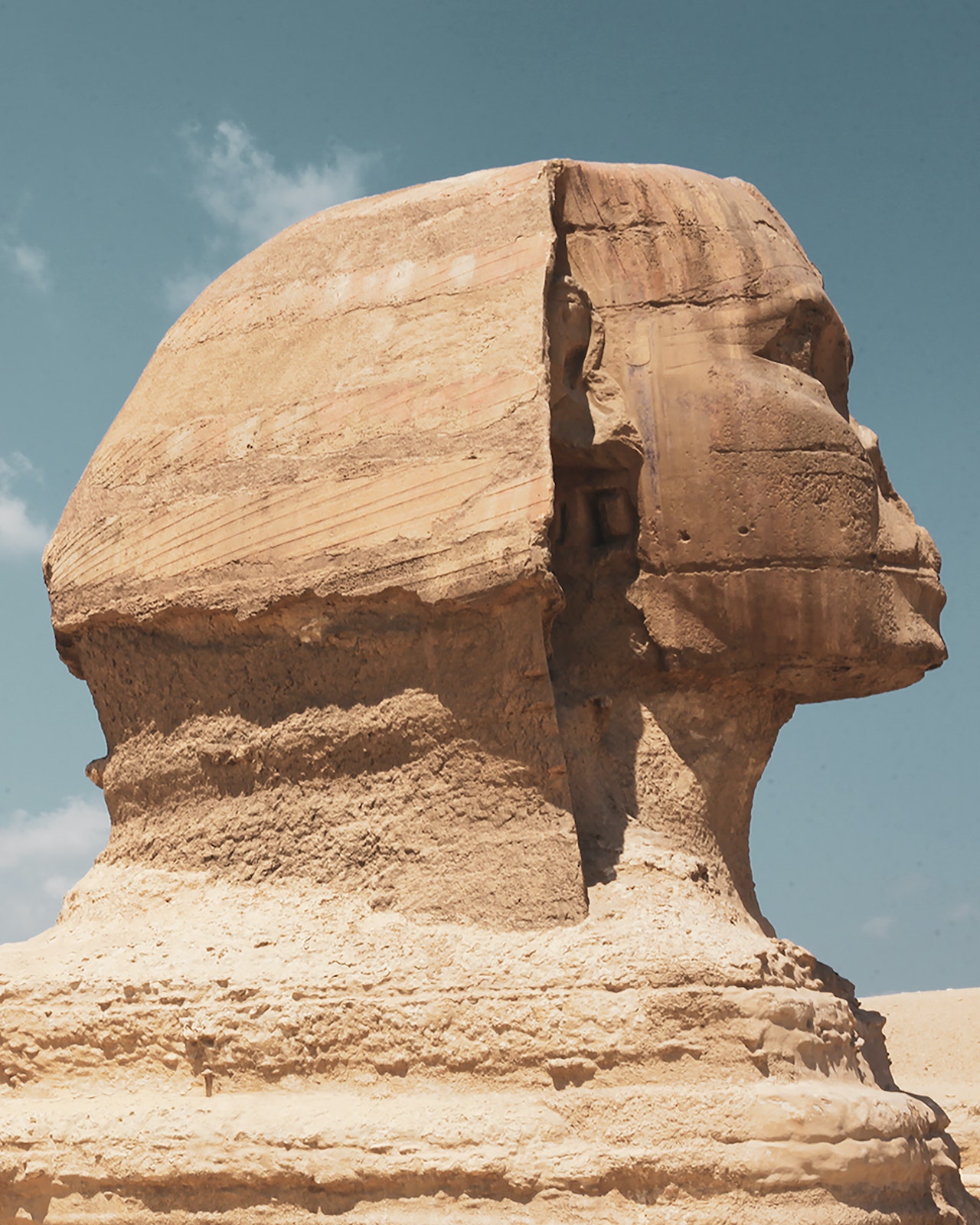 An close up of the Sphinx head where the 1930 concrete renovation is visible