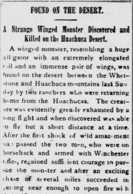 Article from Tombstone Epitaph, 1890, about a winged creature