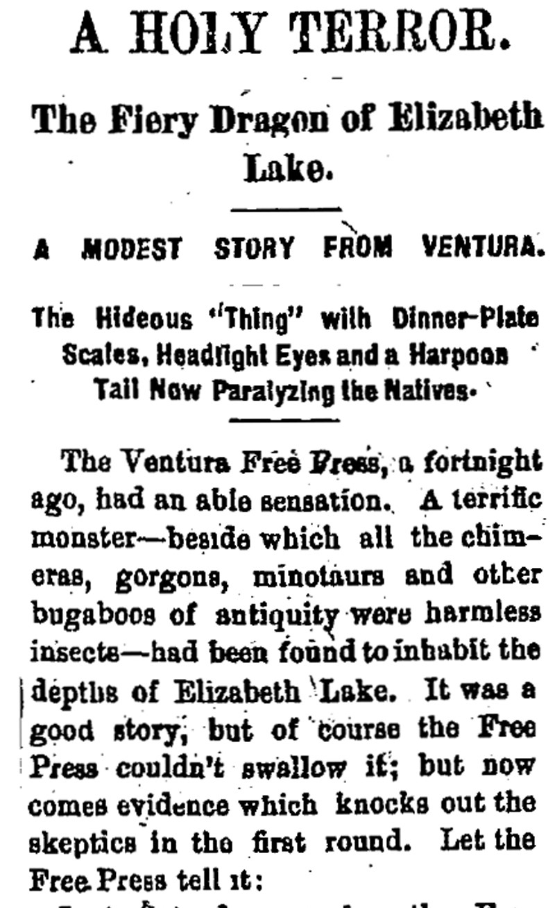Article from LA Times, 1886, The fiery dragon of Elizabeth Lake