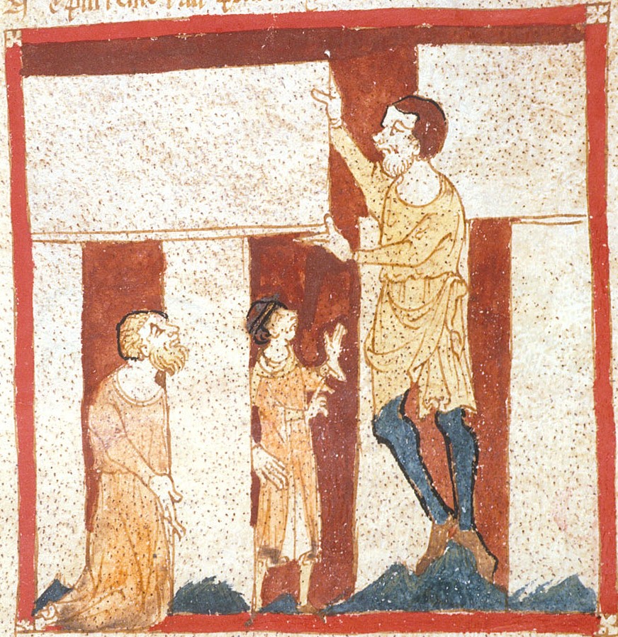 Merlin building the Stonehenge from medival manuscript